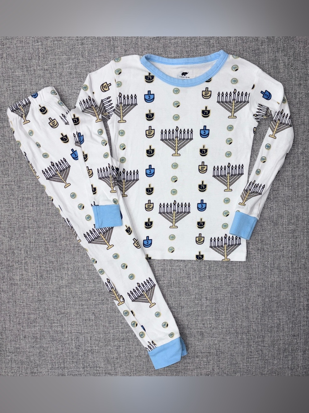 Kids Hanukkah Menorah & Dreidel Pajama Set - Light Blue Trim